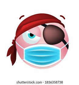 Cute Pink Emoticon with Cartoon Style with Medical Facial Mask on White Background . Isolated Vector Illustration 