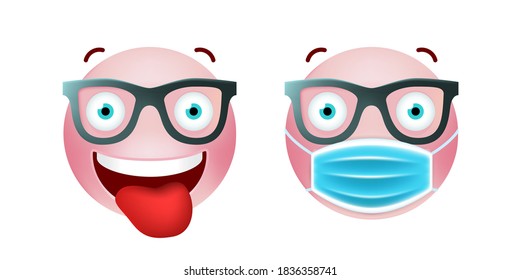 Cute Pink Emoticon with Cartoon Style with Medical Facial Mask on White Background . Isolated Vector Illustration 