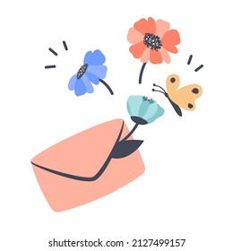 Cute pink envelope with beautiful colorful flowers and butterfly. Glad tidings, message with good news. Arrival of spring, summer, a new day.  Positive mood concept. Vector flat cartoon illustration