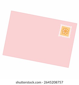 Cute pink envelope illustration with a yellow flower postage stamp. Perfect for Valentine’s Day, romantic messages, invitations, and mail-themed designs in a minimalist flat style.