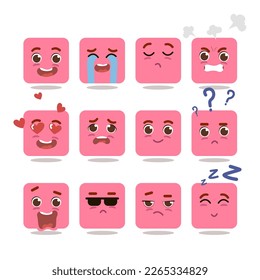 Caras rosas cortas con diferentes emociones e ilustraciones vectoriales. Emoticones felices, enojados, conmocionados que sonríen, lloran, duermen, se enamoran aislados de fondo blanco. Emoción, concepto de reacción