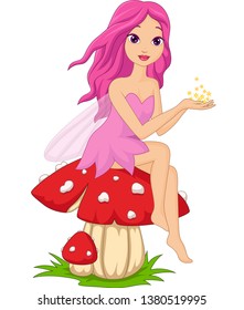 Cute pink fairy cartoon sitting on a mushroom 