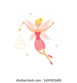 Cute pink fairy in flight with a magic wand