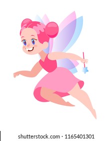 Cute pink Fairy flying with magic wand. Vector illustration isolated on white. .