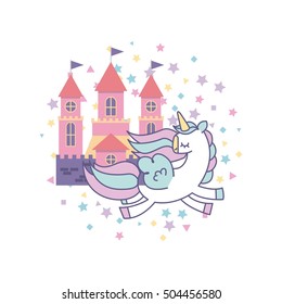 Cute Pink Fantasy Castle Vector Illustration Design