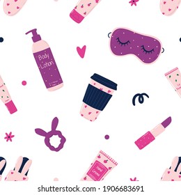 Cute pink fashion pattern with sleeping mask, lipstick, scrunchy, cosmetics, body lotion, hand creme, coffee cup. Hand drawn doodle style vector illustration.