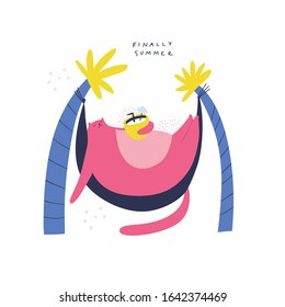 Cute pink fat cat relax in a hammock with cocktail. Rest in the palms. Cute illustration of summer vacation. Finally summer hand lettering phrase.