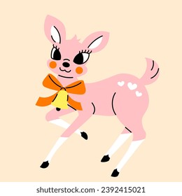 Cute pink fawn in 1950s retro style. Vintage Christmas deer postcard, invitation template. Hand drawn vector illustration. 