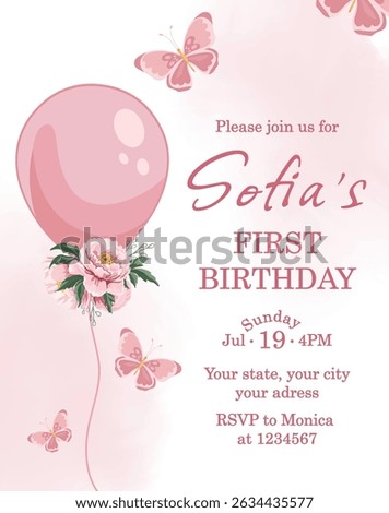Cute pink first birthday invitation template with beautiful flowers and butterflies, ideal for a sweet and joyful celebration for a little girl