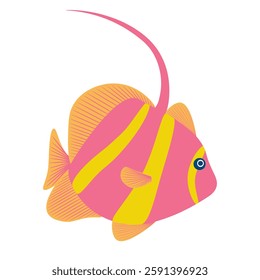 Cute pink fish with orange fins and yellow stripes on its body. An underwater inhabitant of wildlife. An adult. One icon isolated on  white background. Cartoon style. Flat.