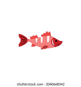 Cute pink fish with red fins cartoon symbol or icon, flat vector illustration isolated on white background. Fish for fishing club or store emblem or logo element.