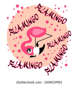 Cute pink flamingo baby looking from below with lettering and other decorative elements. Nice vector poster for all purposes.
