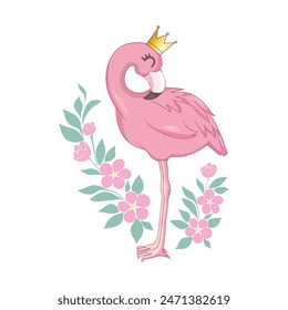 Cute pink flamingo is a baby princess, an exotic bird with a crown and flowers. Vector illustration