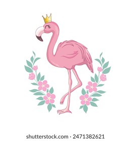 Cute pink flamingo is a baby princess, an exotic bird with a crown and flowers. Vector illustration