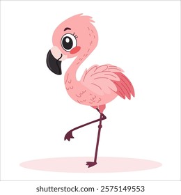 A cute pink flamingo bird. Children's style illustration on white background