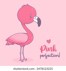 Cute pink flamingo bird. Funny cartoon kawaii animal character. Vector illustration. Kids collection