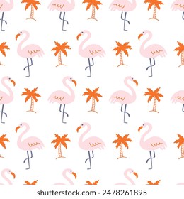 Cute Pink Flamingo Birds Cartoon Tropical Hand Drawn Doodles Seamless Pattern Background Texture. Wallpaper, Minimal Textile Print Design Vector Illustration, Vintage Retro Style