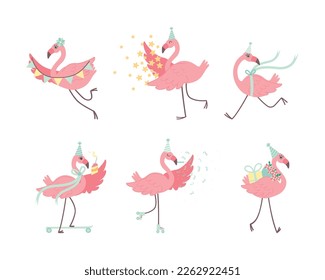 Cute Pink Flamingo in Birthday Party Hat with Gift Box and Garland Vector Set