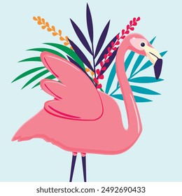 Cute pink flamingo with blue background.Palm leaves, esotic plants. Vector illustration of a bird on a blue background. Flat illustration. cartoon style.EPS10