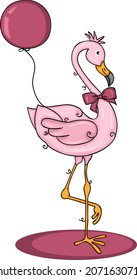 Cute pink flamingo with bow ribbon and balloon