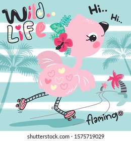 Cute pink flamingo cartoon playing roller skates on striped background illustration vector.