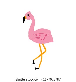 Cute pink flamingo. Cheerful flamingo is smiling. Children's bird character. Vector editable illustration