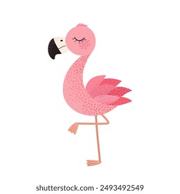 Cute pink flamingo for childish prints, happy birthday and party invitation designs. Textured hand drawn clip art isolated on a white background. A funny flat bird for kids. Vector illustration.