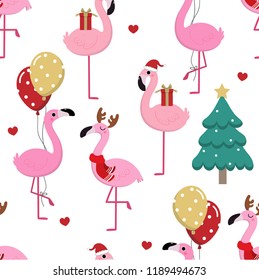 Cute Pink Flamingo In Christmas Holidays Party Seamless Pattern And Background. Animal Wildlife Cartoon Character Vector.