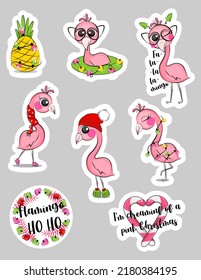 Cute pink flamingo for christmas sticker pack. Vector illustration.