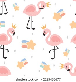 Cute pink flamingo with colorful stars and dots, kids fabrics seamless pattern design.