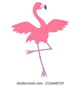 Cute Pink Flamingo Dance. African Bird Cartoon Flat Illustration.