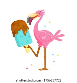 Cute Pink Flamingo Eating Chocolate Ice Cream Cartoon Character on Summer Vacation. T-shirt Print, Kawaii Personage Summertime Activity and Spare Time Isolated on White Background. Vector Illustration