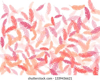 Cute pink flamingo feathers vector background. Easy plumelet ethnic indian graphics. Wildlife nature isolated plumage. Detailed majestic feather on white design.