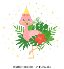 Cute pink flamingo in a festive hat with tropical leaves, flower, stars, hearts. Funny character in a hand-drawn cartoon style. Print for childrens T-shirts, greeting card, poster, invitation. Vector