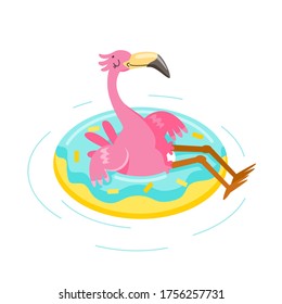 Cute Pink Flamingo Float Inflatable Ring Isolated on White Background. Cartoon Character Summer Vacation. Kawaii Bird Summertime Activity and Resort Spare Time, T-shirt Print. Vector Illustration