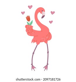 Cute pink flamingo with flower and hearts for love. African bird cartoon flat illustration.