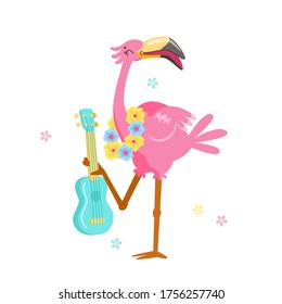 Cute Pink Flamingo in Flower Wreath Play Ukulele Isolated on White Background. Cartoon Character Summer Vacation. Kawaii Personage Summertime Activity and Spare Time. T-shirt Print Vector Illustration