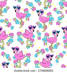 Cute pink flamingo in glasses and flowers beautiful background pattern. print for textiles. vector illustration