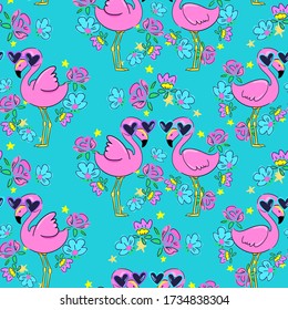 Cute pink flamingo in glasses and flowers beautiful background pattern. print for textiles. vector illustration