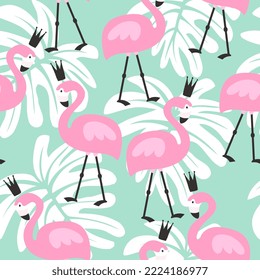 flamingo rosa lindo con hojas tropicales verdes y tonalidad de boho patrón sin fisuras para envolver papel, tela, huella textil. Diseño de vectores.