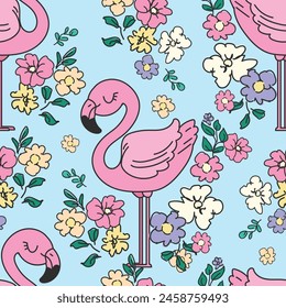 Cute Pink Flamingo hand drawn vector seamless pattern, kids design textile, paper 