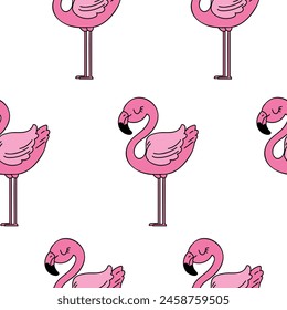 Cute Pink Flamingo hand drawn vector seamless pattern, kids design textile, paper 