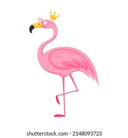 Cute pink flamingo in pink heart glasses and crown. A character, a bird stands with a bent leg. Vector illustration in a flat cartoon style isolated on a white background.