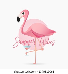 Cute pink flamingo isolated on white background. T-shirt design. Vector illustration. Flat design. EPS 10.