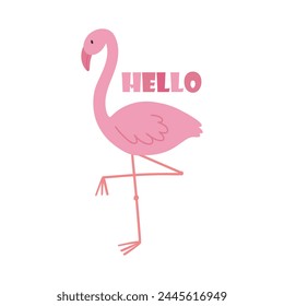 Cute pink flamingo isolated on white background. Drawn flamingo. Vector illustration of an exotic bird.