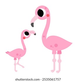 Cute pink flamingo mother and child baby illustration activity puzzle maze printable page sheet isolated on white background.