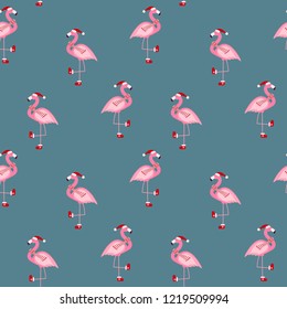 Cute Pink Flamingo New Year and Christmas Seamless Pattern Background Vector Illustration EPS10