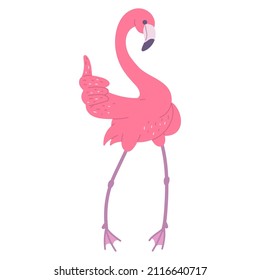 Cute pink flamingo okay. African bird cartoon flat illustration.