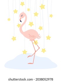 Cute pink flamingo on a background of stars. 