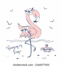 Flamingo rosa suave en la playa. Vector.